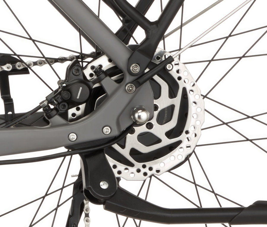 Nahaufnahme vom Hinterrad eines FISCHER Trekking-E-Bike VIATOR MOVE mit Diamant-Rahmen, Scheibenbremse und Ständer.