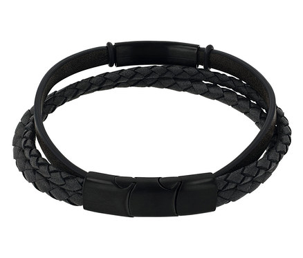 Nahaufnahme eines schwarzen Armbands mit zwei Reihen, einer glatten und einer geflochtenen, mit einem matten schwarzen Verschluss.