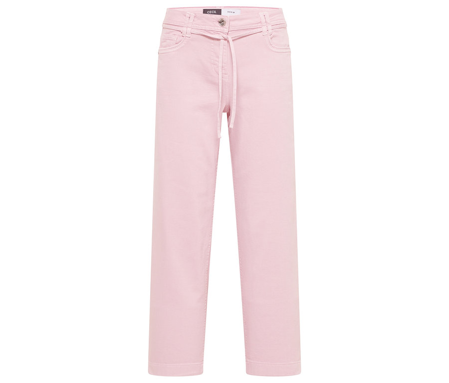 Die hellrosa CECIL Jeans »Neele« liegt auf einem weißen Hintergrund. Sie hat einen Kordelzug.