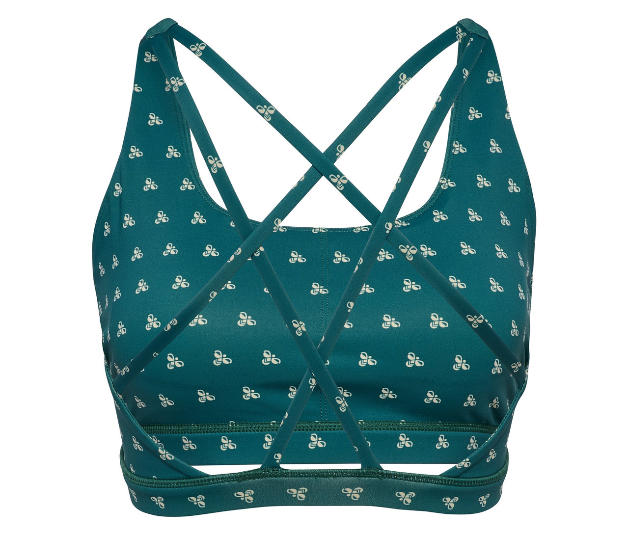 Nahaufnahme von HUMMEL Damen-Sport-BH in Grün mit weißem Muster und gekreuzten Trägern.