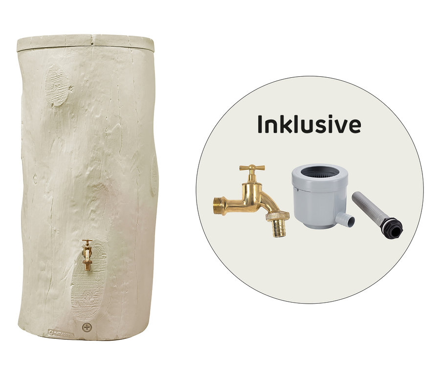 Beiger Regenwassertank in Baumstammoptik mit goldenem Wasserhahn und Zubehör.