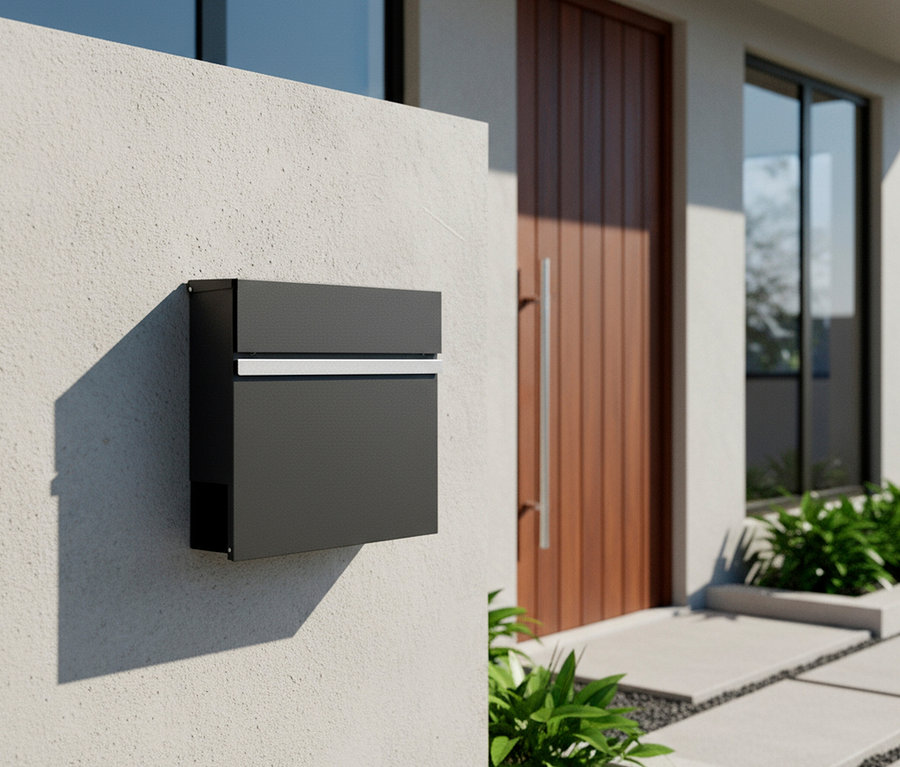 Ein grauer Briefkasten mit silbernem Akzent ist an einer weißen Wand montiert.