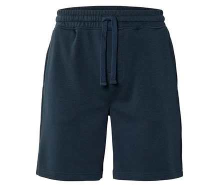 Nahaufnahme von marineblauen Shorts mit Kordelzug.