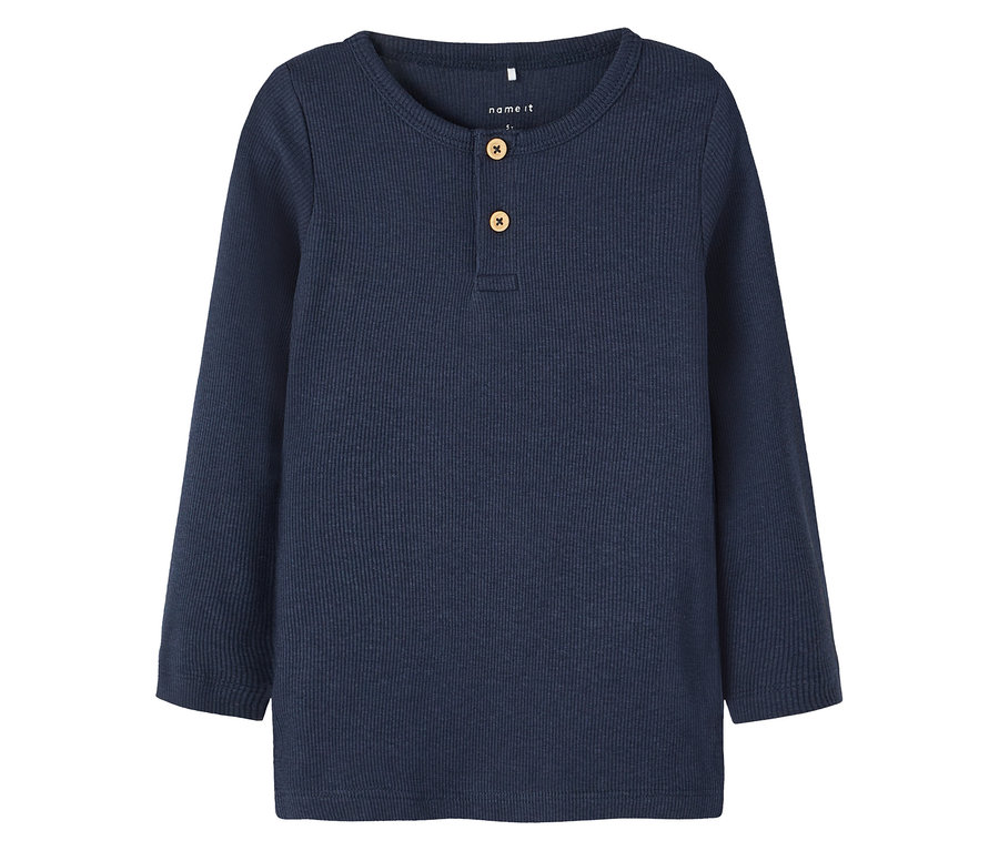 Geripptes, marineblaues NAME IT Langarmshirt mit zwei Knöpfen.