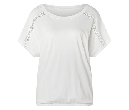 Weißes T-Shirt mit Spitzenbesatz an den Ärmeln und am Kragen.