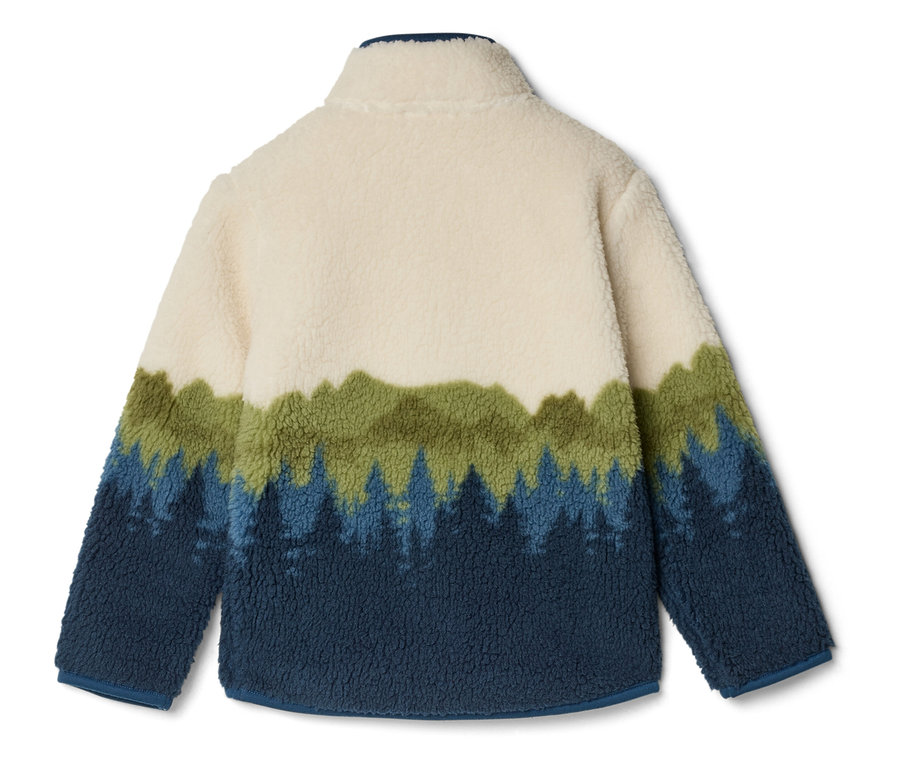Rückansicht einer Fleecejacke mit Reißverschluss, cremefarbenem Oberteil und Waldmotiv in Grün- und Blautönen.