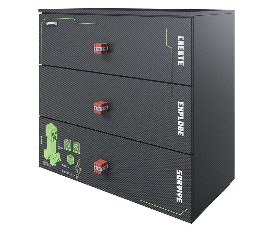 Minecraft Kommode mit drei Schubladen, mit den Aufschriften "Create", "Explore" und "Survive".