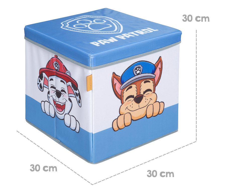 Blau-weiße Spielzeugkiste mit Paw Patrol-Motiven und den Maßen 30x30x30 cm.
