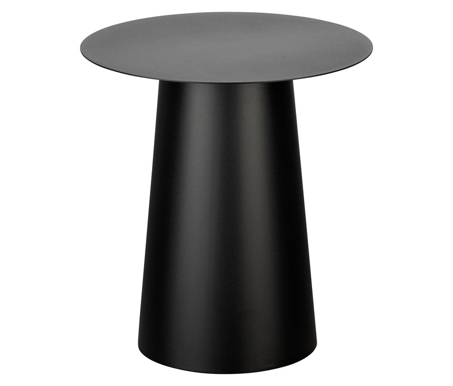 Ein schwarzer Beistelltisch mit einer runden Tischplatte und einem konischen Sockel.