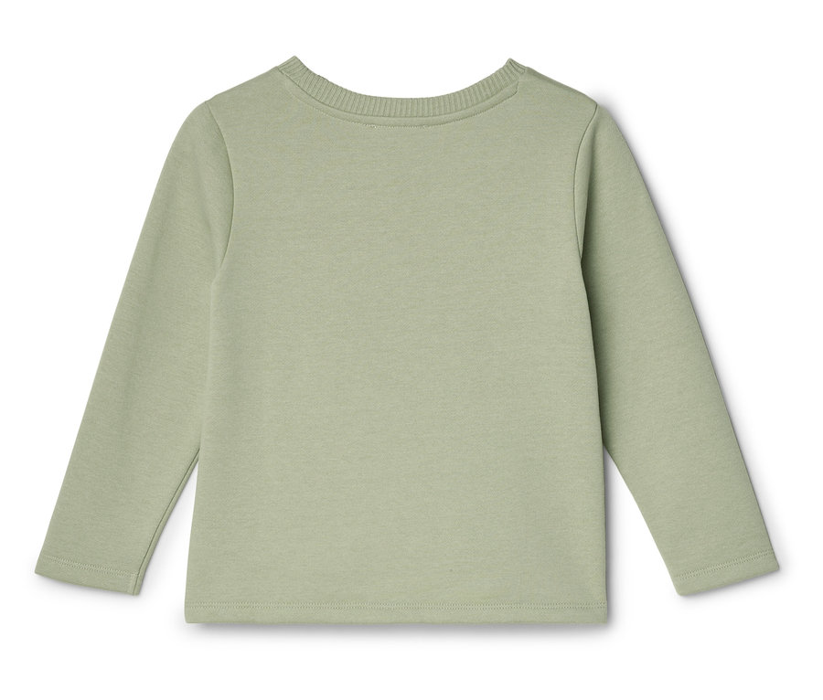 Rückansicht eines einfarbigen, hellgrünen langärmligen Hemdes, das flach auf einer weißen Oberfläche liegt.