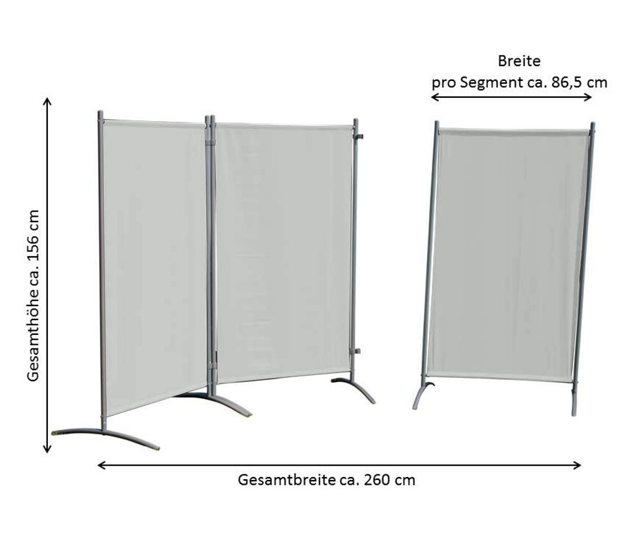 Helle Leco Stellwand, 3-teilig, mit Maßangaben zu Höhe und Breite der Segmente.