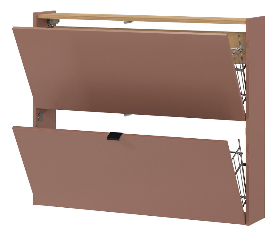 Ein brauner Schuhschrank mit zwei offenen Klappen und silberfarbenen Schuhhaltern ist an einer Wand befestigt.