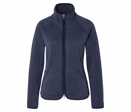 Eine dunkelblaue, melierte Fleecejacke mit durchgehendem Reißverschluss, Stehkragen und zwei Reißverschlusstaschen an den Seiten. Dunkelblaue Zierleisten akzentuieren die Ränder.