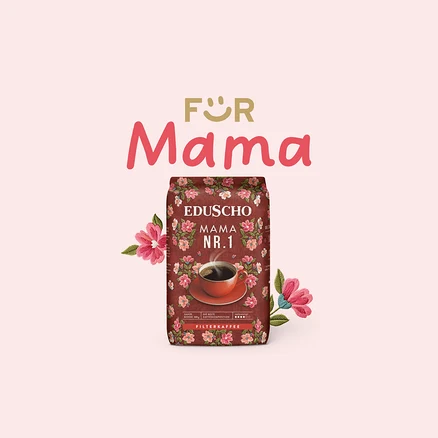 Eine Packung Eduscho Mama Nr. 1 Filterkaffee mit Blumenmuster steht vor dem Schriftzug Für Mama.