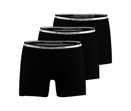 Drei schwarze Boxershorts mit weißem Bund und „TOM TAILOR“-Schriftzug, diagonal gestapelt.