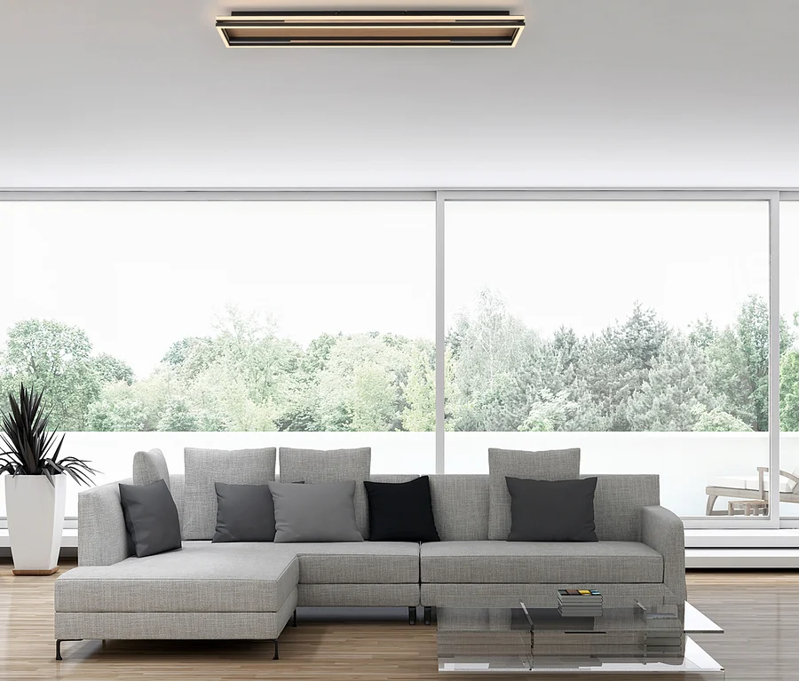 Modernes Wohnzimmer mit hellgrauem L-förmigem Sofa, einem Glastisch und einer hohen Pflanze. Eine rechteckige Deckenleuchte erhellt den Raum mit großen Fenstern und Waldblick.