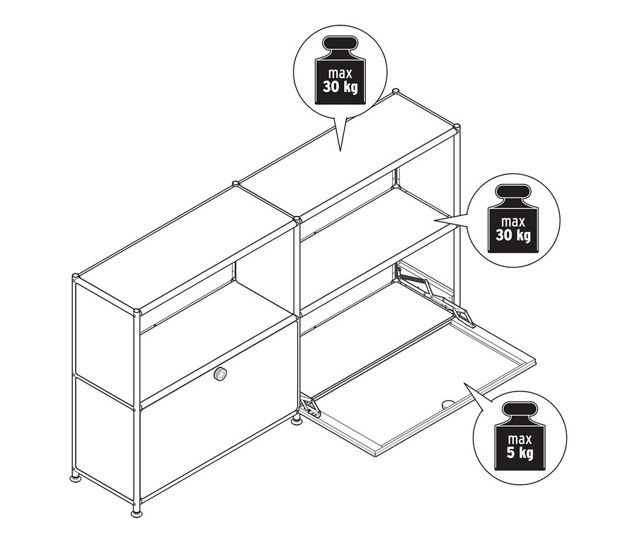 Draufsicht eines Metall-Sideboards »CN3 Slim Line« mit zwei versetzbaren Klappenfächern, eines davon geöffnet.