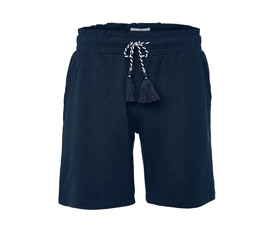 Marineblaue Jerseyshorts mit Zierquasten.