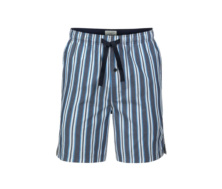 Web-Pyjamashorts mit blau, weißen und grauen Streifen.