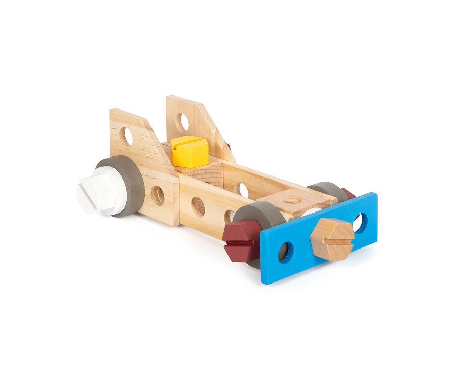 Holzbauspielzeug mit farbigen Elementen.