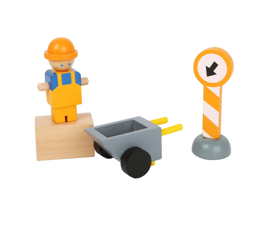 Holzspielzeug: Arbeiterfigur, Schubkarre und Verkehrszeichen. small foot Baukran mit Baustellenzubehör
