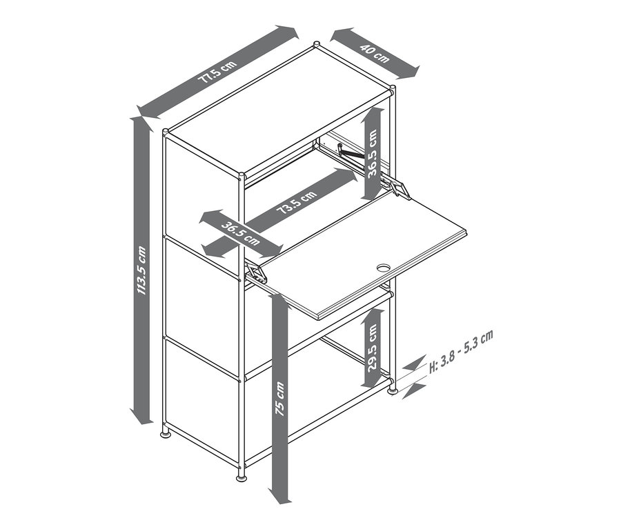 Illustration eines Sekretärs »CN3« mit ausklappbarer Platte, die Maße sind in Zentimetern angegeben.