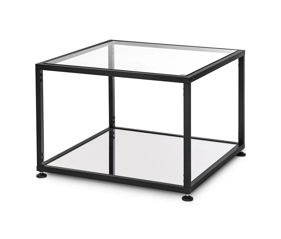Schwarzer Couchtisch mit Glasplatte.