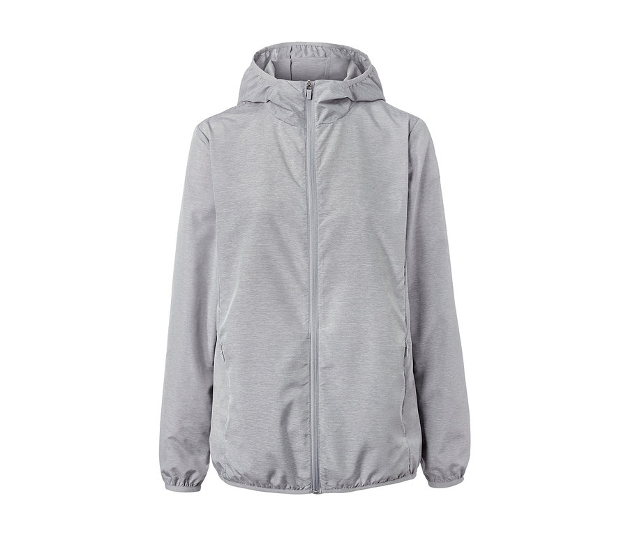 Eine graue, leichte Funktionsjacke mit Kapuze und Reißverschluss, packable.