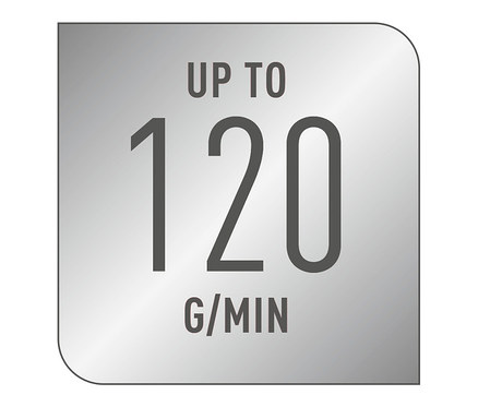 Graues Quadrat mit abgerundeten Ecken mit dem Text „BIS ZU 120 g/min“.