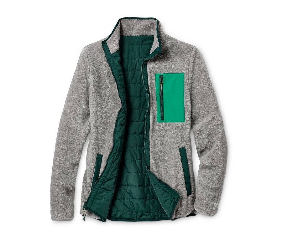 Offene, graue Wendejacke mit grüner Innenseite.