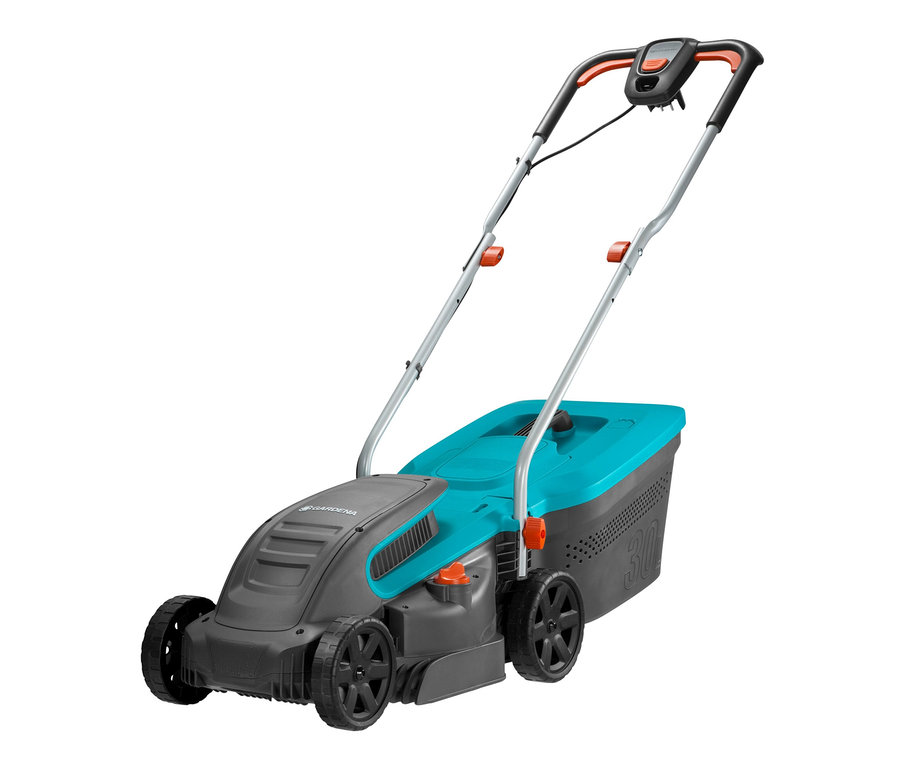 Abgebildet ist ein GARDENA Elektro-Rasenmäher »PowerMax« mit einem grauen Gehäuse und einem türkisblauen Fangkorb.