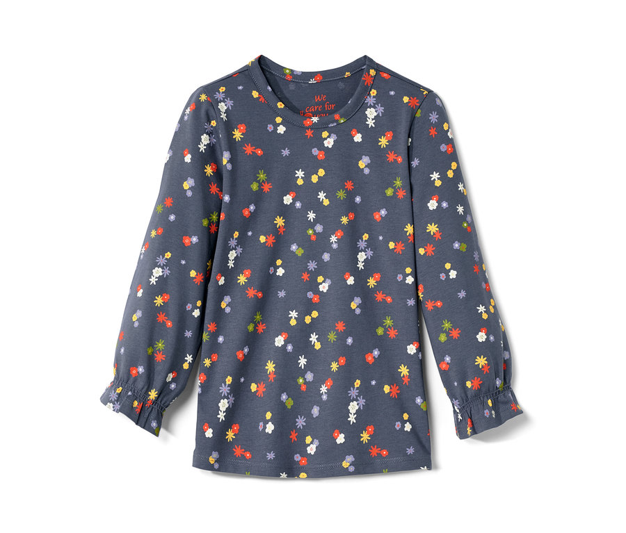 Blaues Kleinkind-Langarmshirt mit durchgehendem Blumenmuster.