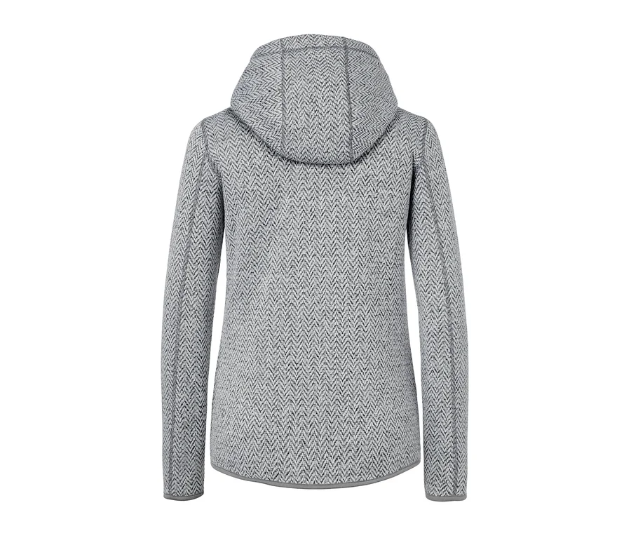Detailansicht der grauen Teddy-Strickfleecejacke von hinten mit Kapuze.