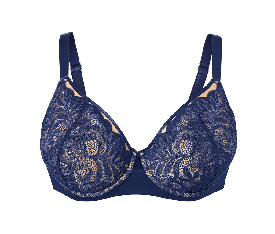 Blauer Schalen-BH mit floraler Spitze.