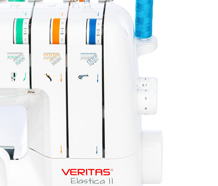 Detailaufnahme einer weißen Overlock-Nähmaschine »ELASTICA II« mit farbigen Fäden.