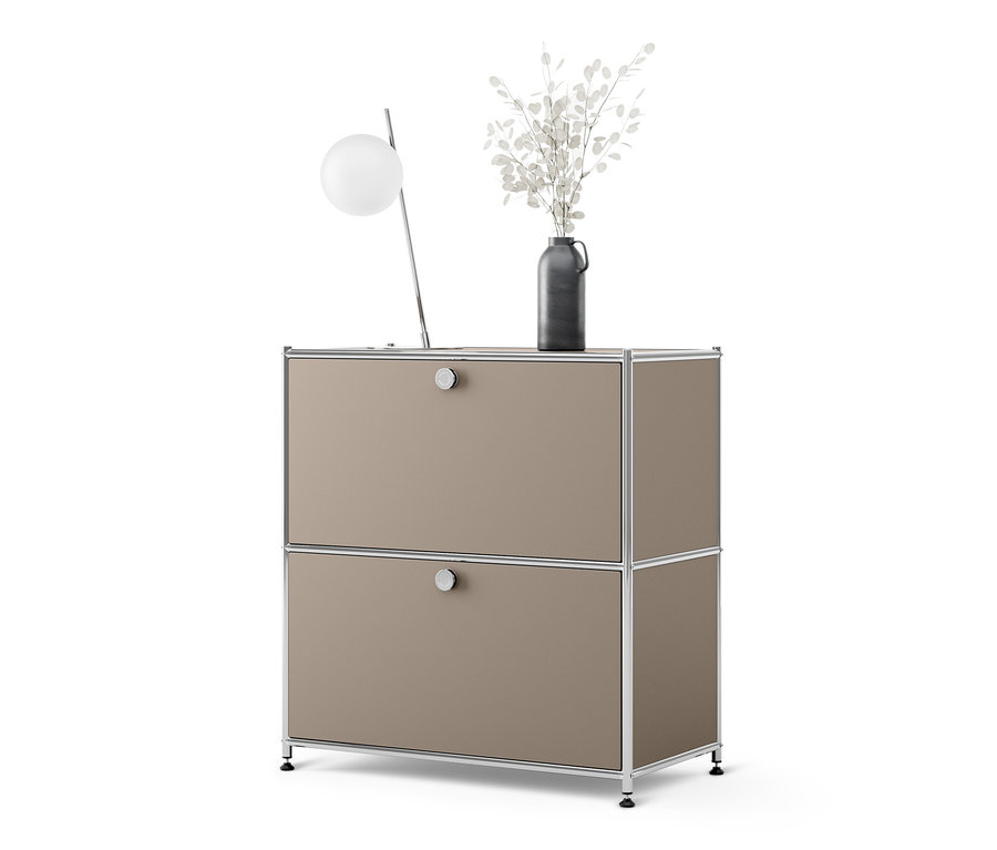 Ein niedriges Sideboard Metall »CN3« mit 2 Klappenfächern. Auf der Oberseite stehen eine Vase mit Pflanzen und eine Lampe.