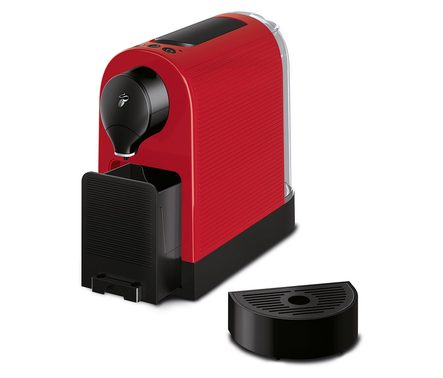 Rote Cafissimo pure+ Kaffeemaschine auf weißem Hintergrund.