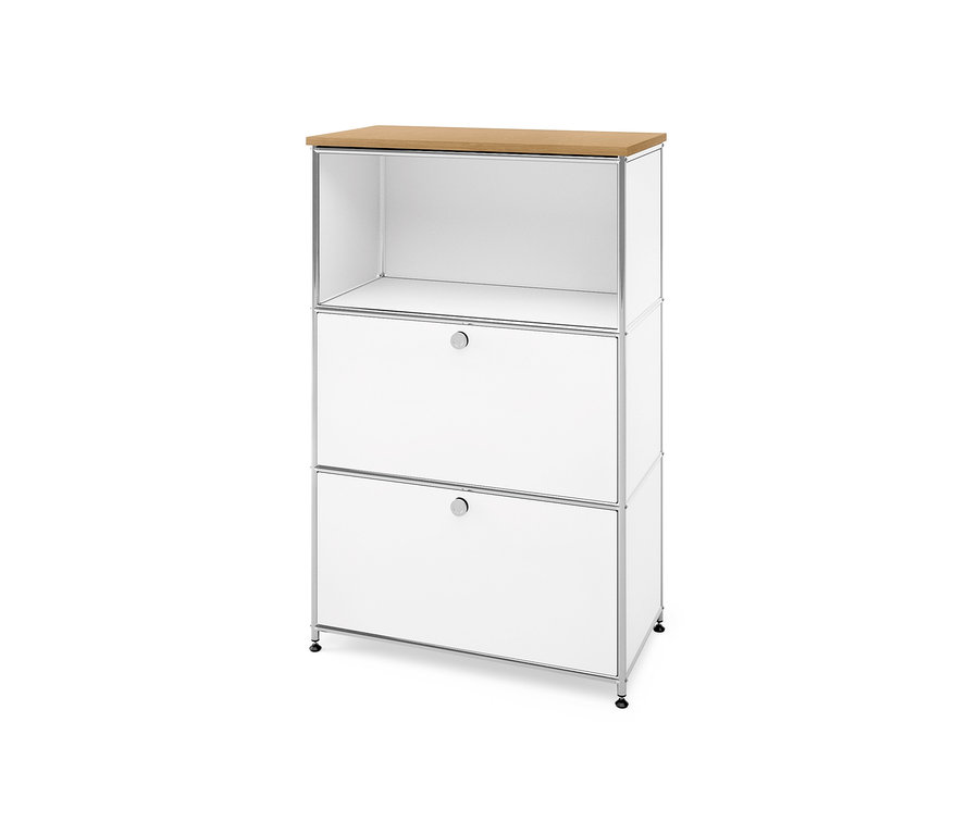 Weißes Regal mit zwei Schubladen und »CN3« Deckplatte mit Echtholzfurnier, Eiche hell, Breite 77 cm.