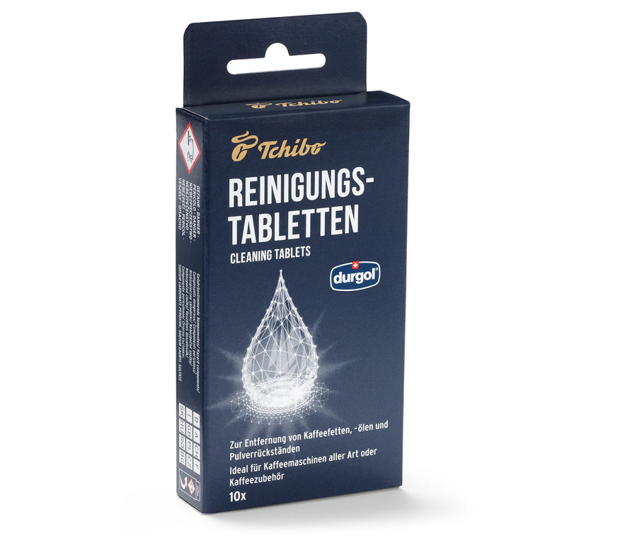 Verpackung der durgol® Reinigungstabletten für Kaffeeöle von Tchibo.