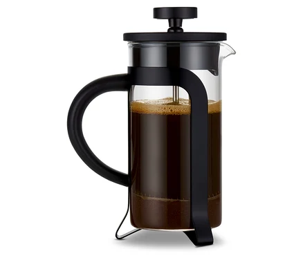 Eine schwarze Siebstempelkanne mit 300 ml Fassungsvermögen für 2 Tassen.