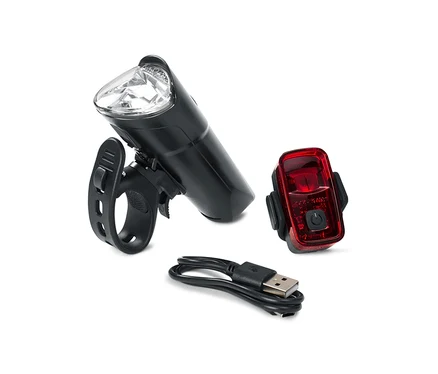 Das Fahrrad-Beleuchtungsset besteht aus einem weißen Frontlicht, einem roten Rücklicht und einem USB-Ladekabel.