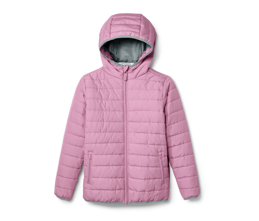 Violette Kinder-Steppjacke mit Kapuze.