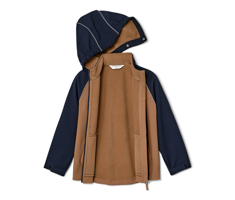Geöffnete Kinder-Softshelljacke mit Kapuze in Blau und Braun.