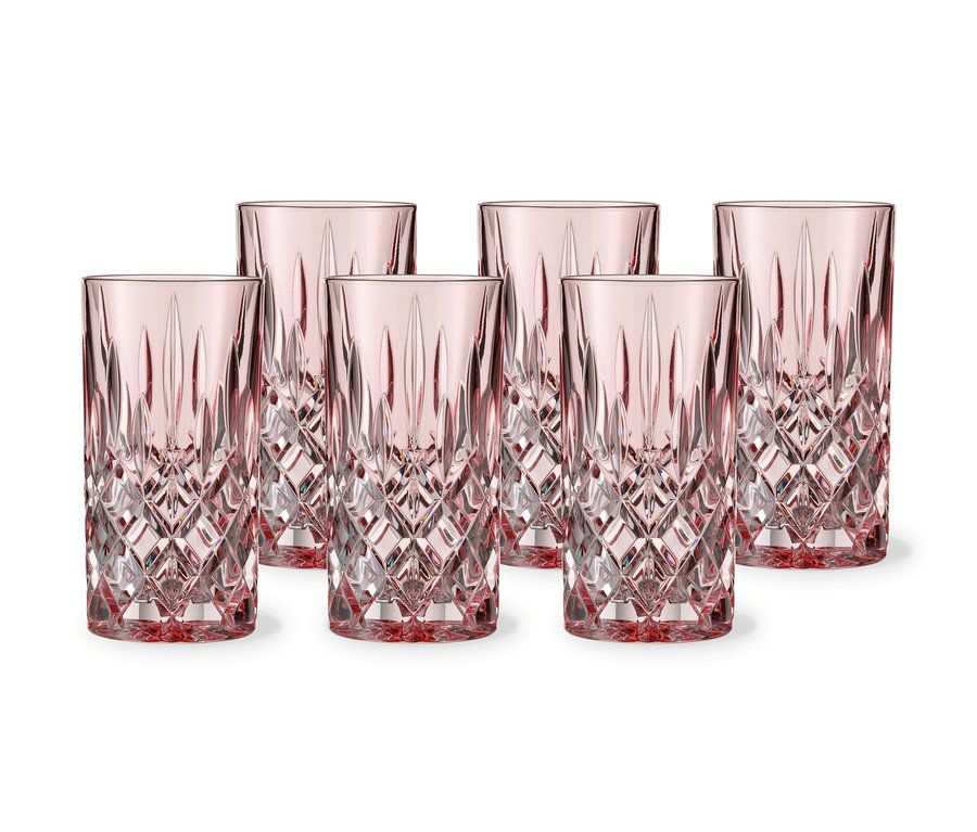 Sechs Nachtmann Noblesse Colors Longdrink Gläser, 6er-Set, roséfarben, in zwei Reihen angeordnet.
