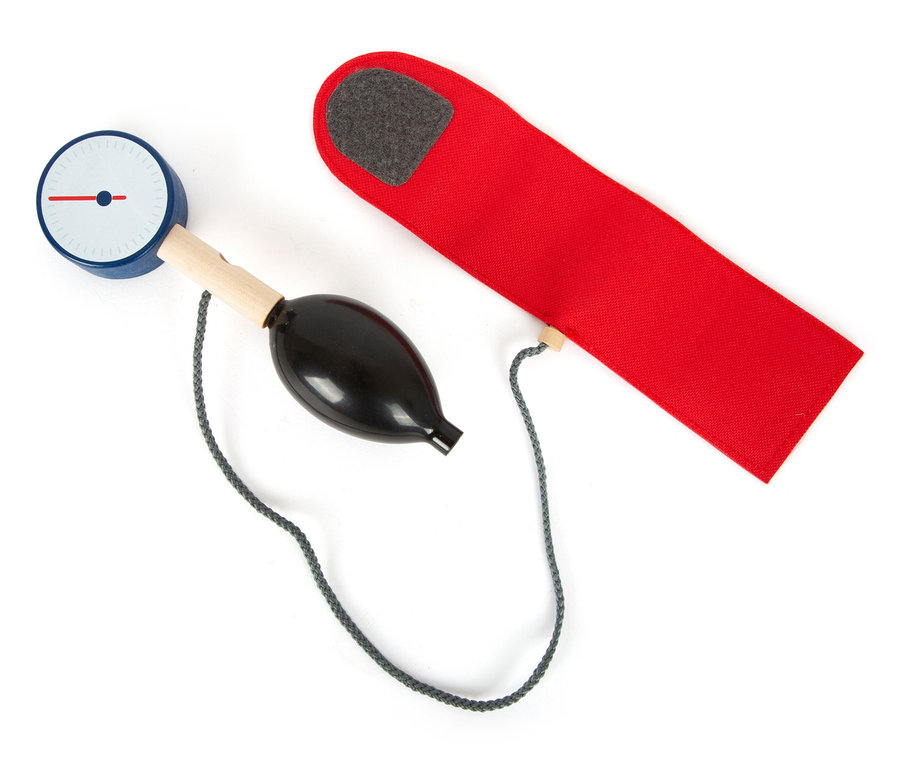 Arzt-Blutdruckmessgerät mit roter Manschette.