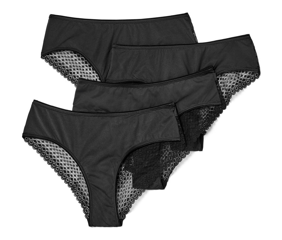 Vier schwarze Brazilslips mit Spitze.