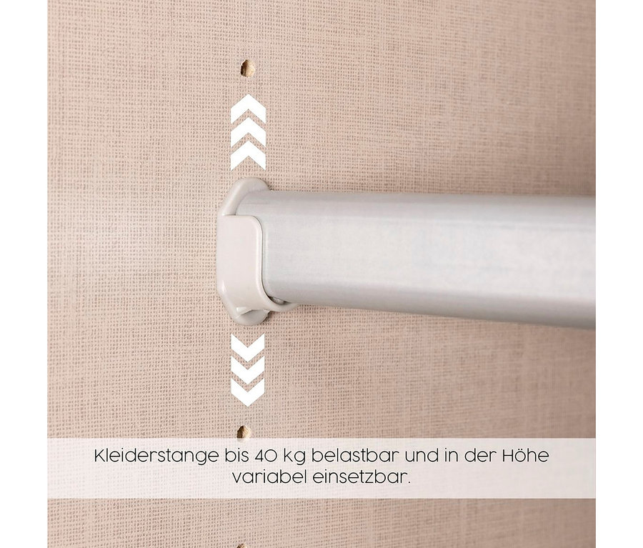 Detailansicht einer Kleiderstange im Rauch Drehtürenschrank "Skandi" 6-türig mit vier Schubladen, beige/champagner.