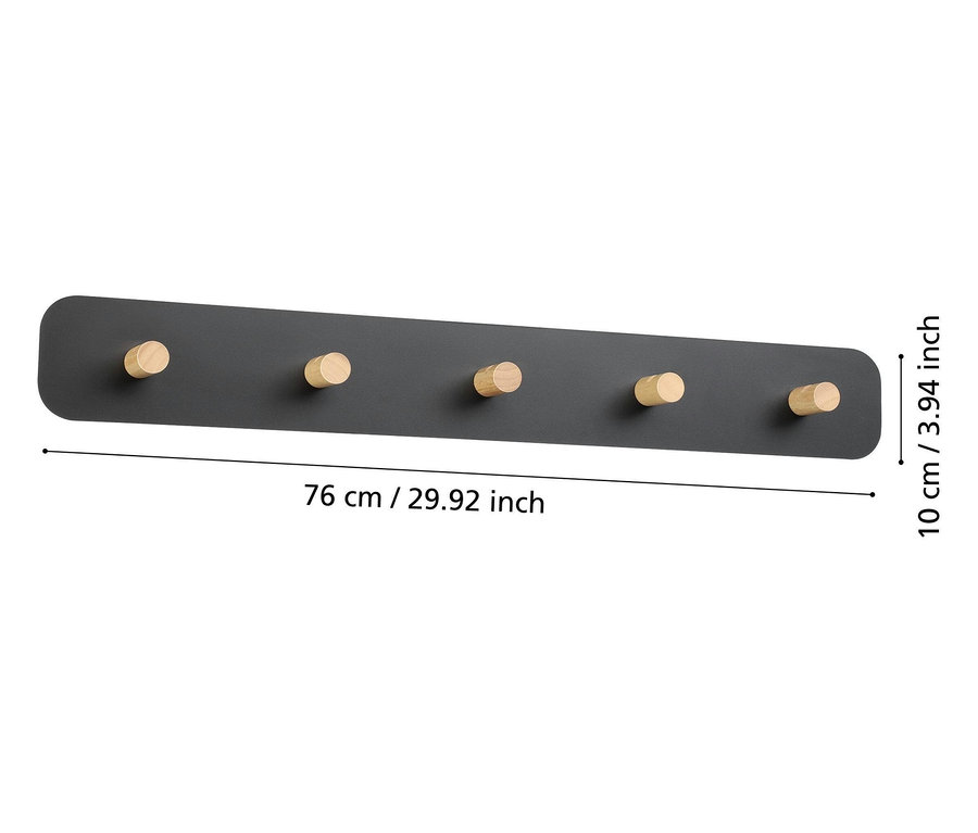 Schwarze Garderobe mit fünf Holzhaken und den Maßen 76 cm x 10 cm.