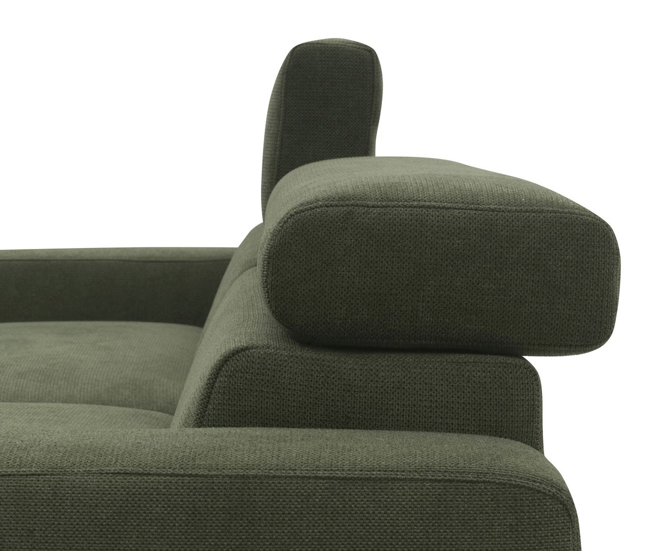 Detailaufnahme des DOMO Eck-Schlafsofas mit Hocker, grün, rechtsbündig.