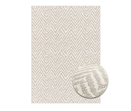 Beiger Outdoor-Teppich mit Zickzackmuster und vergrößertem Eckdetail.